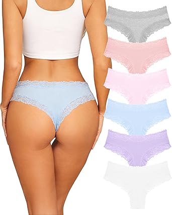 Sth Big Womens Cotton Underwear Sexy Lace Brazilian Panties Soft Breathable Cotton Bikini for Ladies 6 Pack