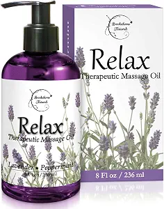 Relax Therapeutic Body Massage Oil - with Best Essential Oils for Sore Muscles & Stiffness – Lavender, Peppermint & Marjoram - All Natural - with Sweet Almond, Grapeseed & Jojoba Oil 8oz